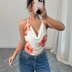 Women's Blouse Top with Deep V-Neck and Floral Design