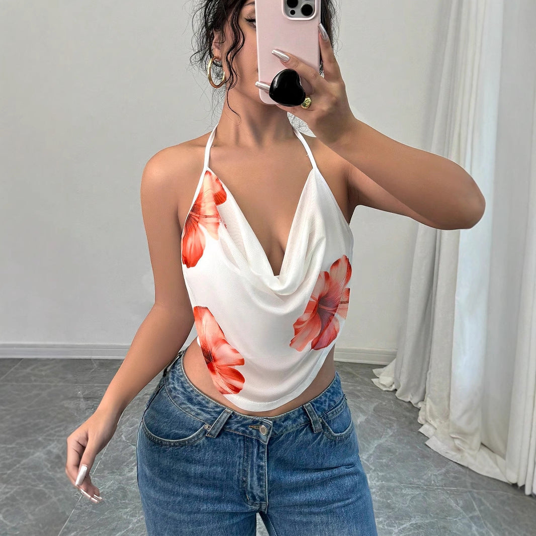 Women's Blouse Top with Deep V-Neck and Floral Design