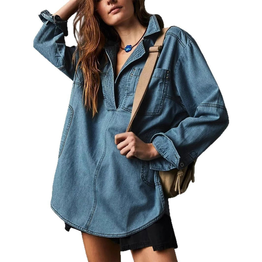 Women's Denim Shirt with Detailed Stitching