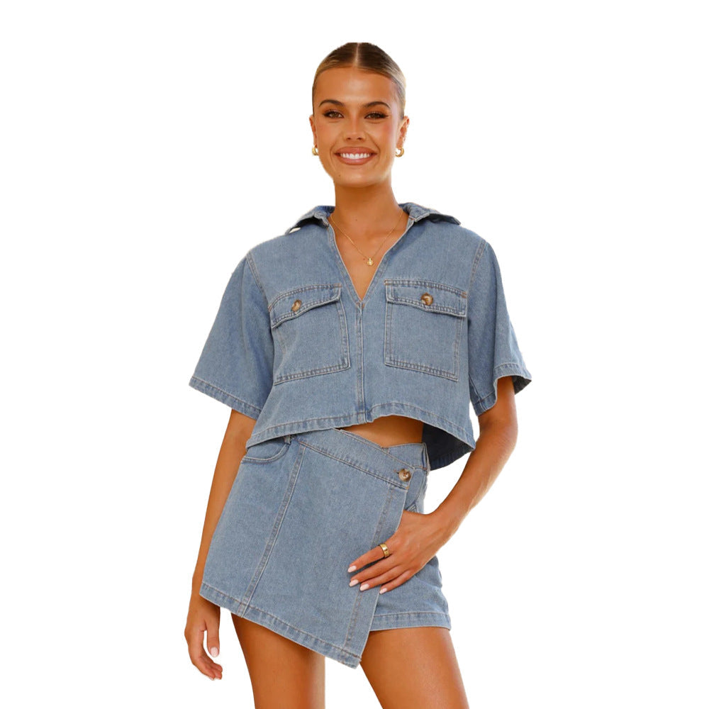 Denim Short-Sleeve Top and Wrap Skirt Set