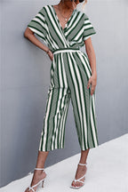 Elegant V-Neck Jumpsuit with Wide Sleeves and Striped Design