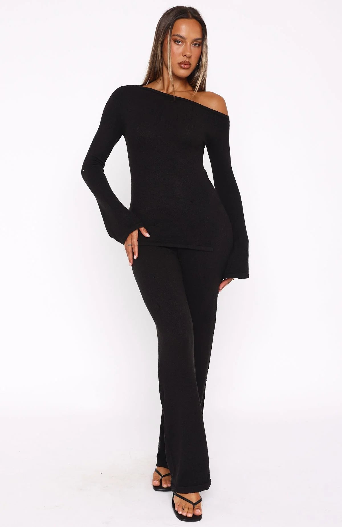 Women's Elegant Knit Set with Off-Shoulder Top and Wide Pants