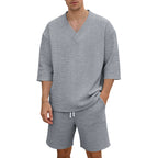 Unisex Casual Lounge Set with V-Neck Top and Drawstring Shorts