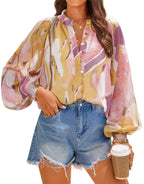Women's Blouse with Artistic Print and Gathered Sleeves