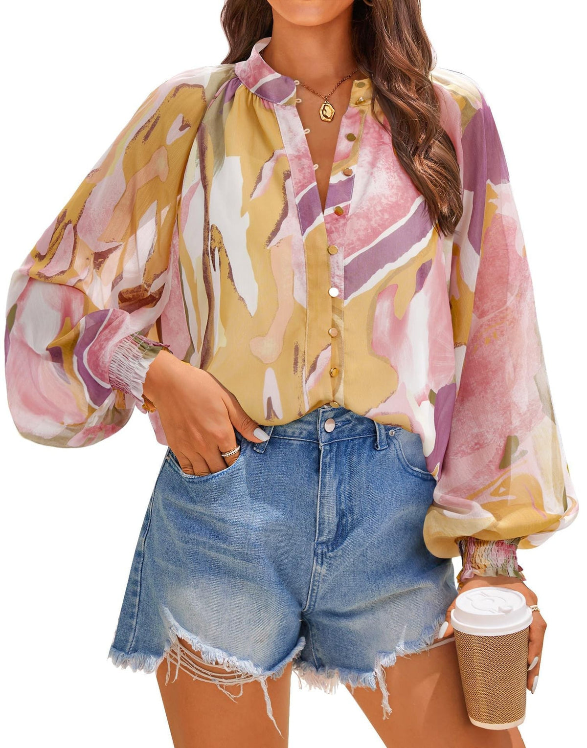 Women's Blouse with Artistic Print and Gathered Sleeves