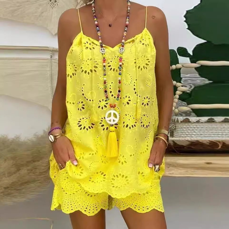 Women's Airy Summer Top with Lace and Matching Shorts