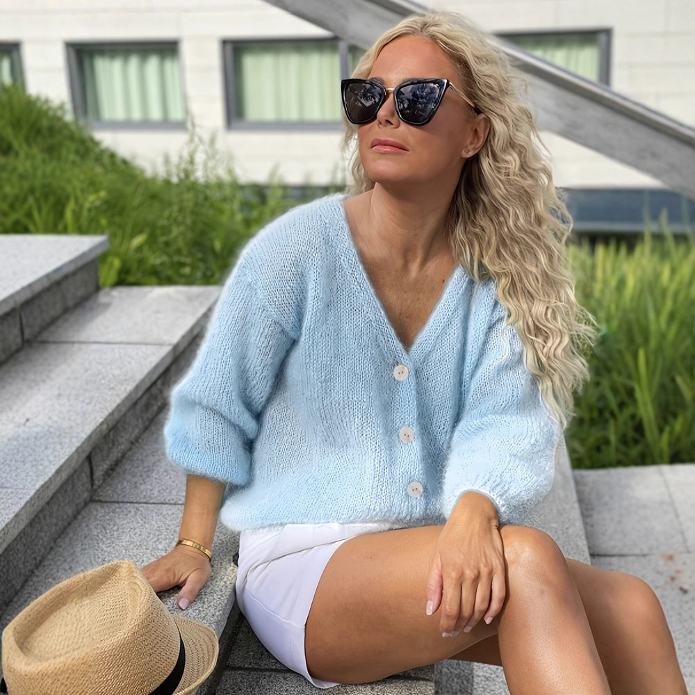 Women's Fluffy Cardigan with Puff Sleeves
