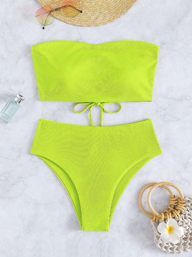 Women's High-Waisted Striped Bandeau Bikini