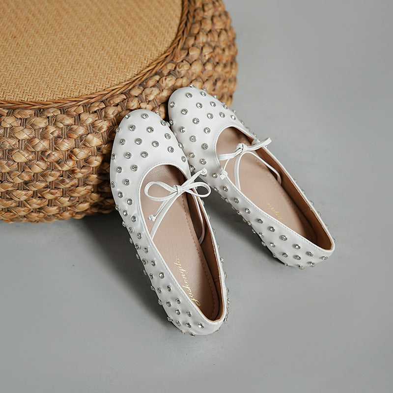Women's Ballet Flats with Decorative Rhinestones and Bow Design