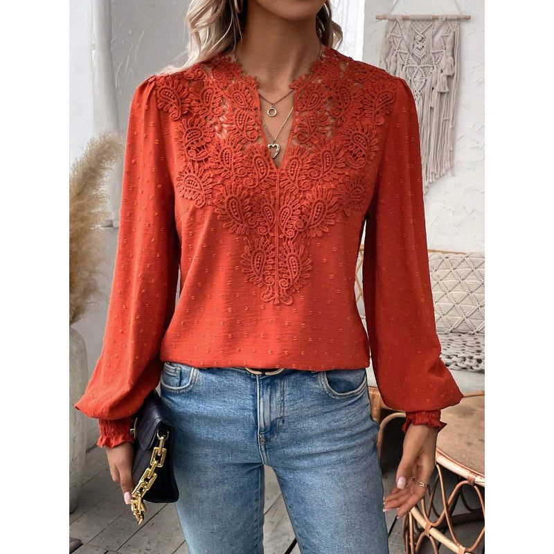 Women's Blouse with Embroidered V-Neck and Long Sleeves