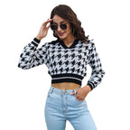 Women's Cropped Sweater with Classic Houndstooth Pattern and Polo Collar