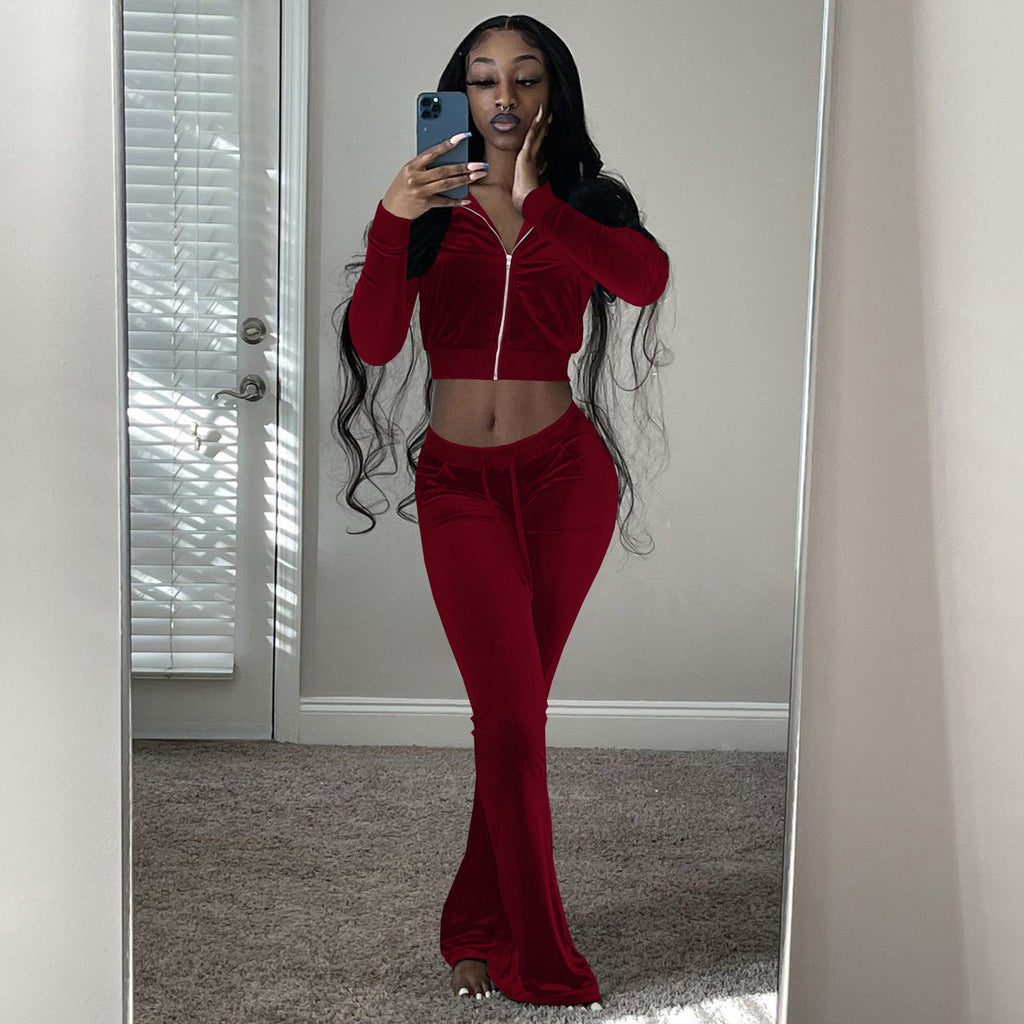 Women's Comfortable Velour Lounge Set with Zip-Up Top and Wide Leg