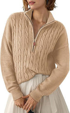 Women's Chunky Knit Sweater with Mock Neck and Half-Zip