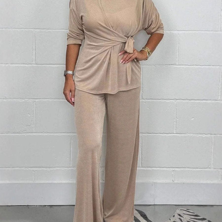 Women's Casual Lounge Set with Knot Detail and Wide-Leg Cut