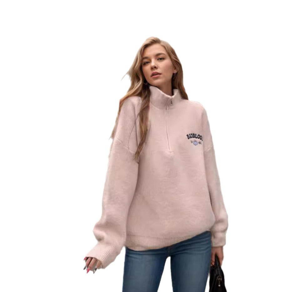 Women's Fluffy Mock Neck Sweater with Zipper