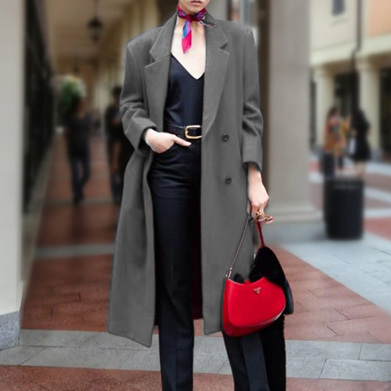 Women's Elegant Long Coat with Double-Breasted Button Placket and Generous Cut