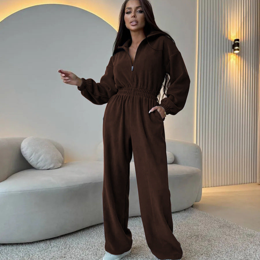 Elegant Jumpsuit with Short Zipper and Elastic Waistband