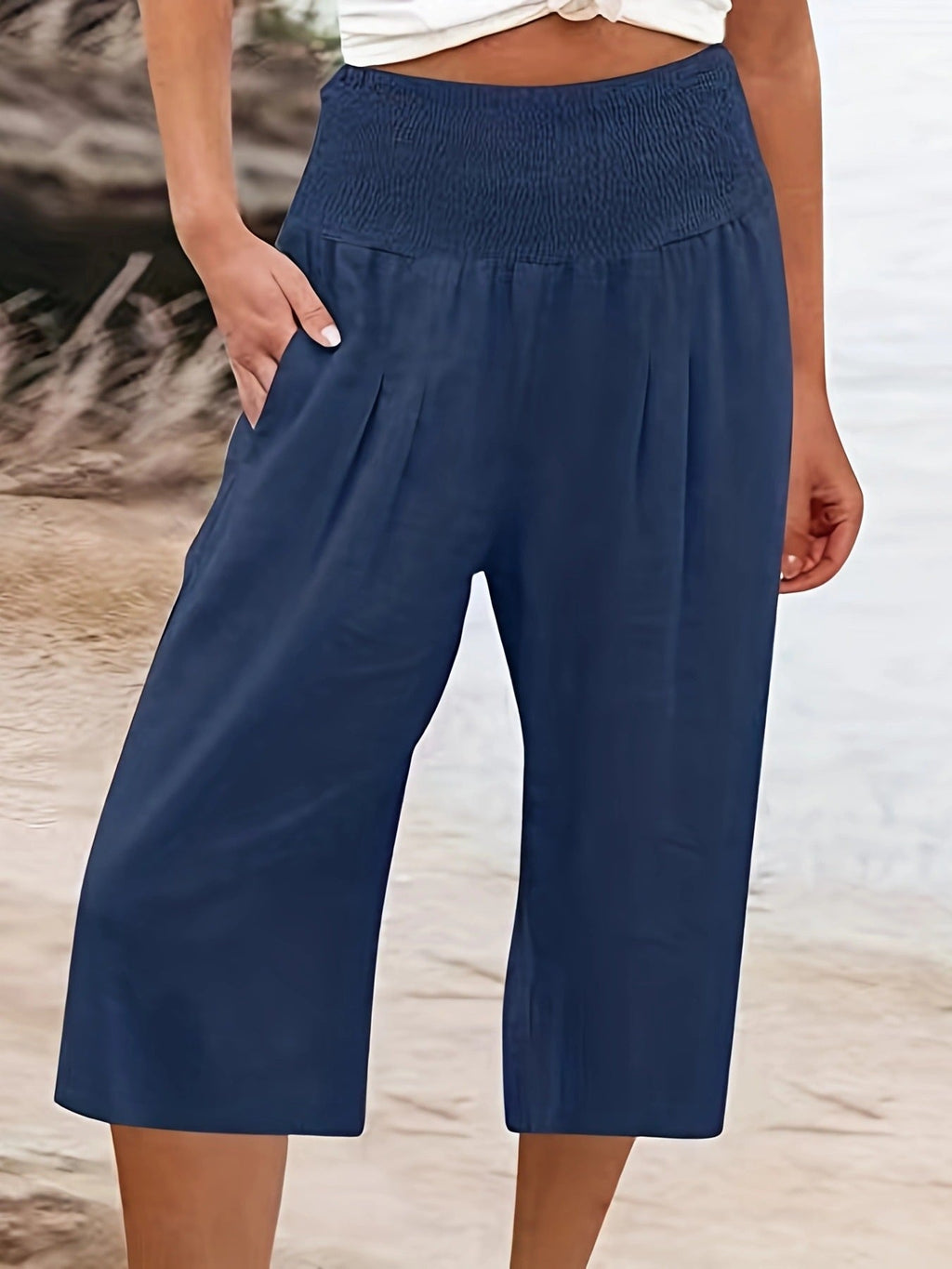 Women's Elegant Culottes with Elastic Waistband and Pockets