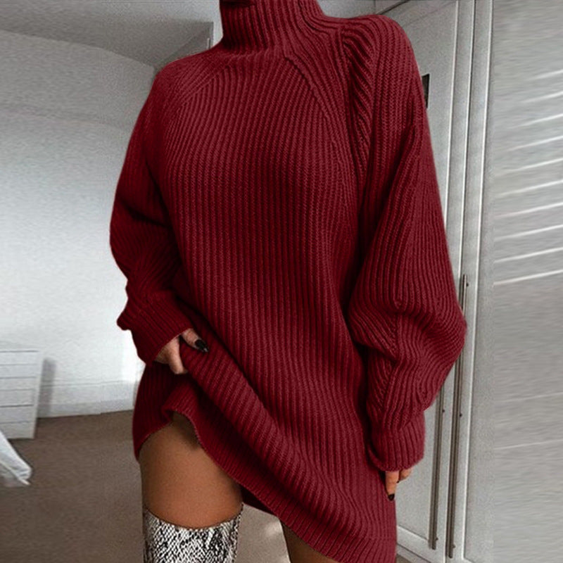 Women's Chunky Knit Sweater with High Collar and Asymmetrical Hem