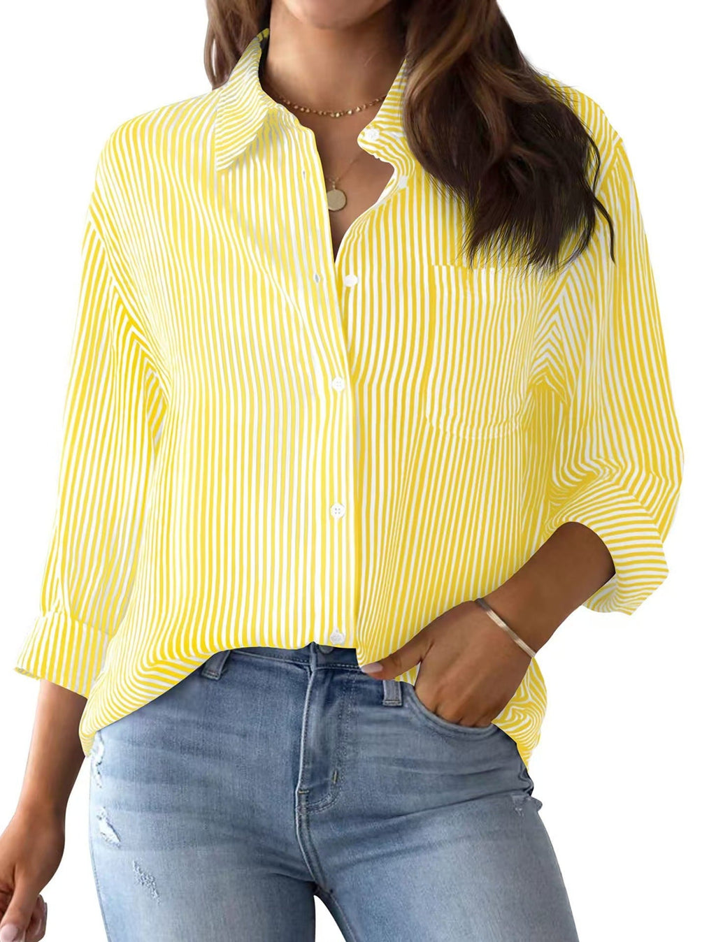 Women's Loose Striped Shirt with Chest Pocket and Roll-Up Sleeves