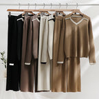 Women's Cozy Knit Loungewear Set with Contrasting Collar and Wide Leg