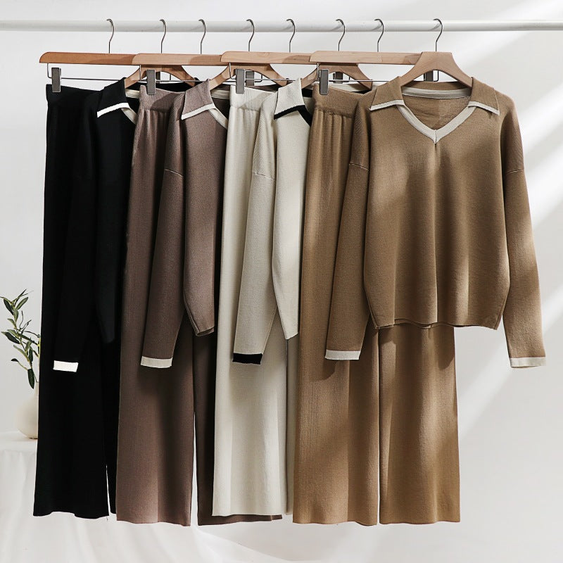 Women's Cozy Knit Loungewear Set with Contrasting Collar and Wide Leg