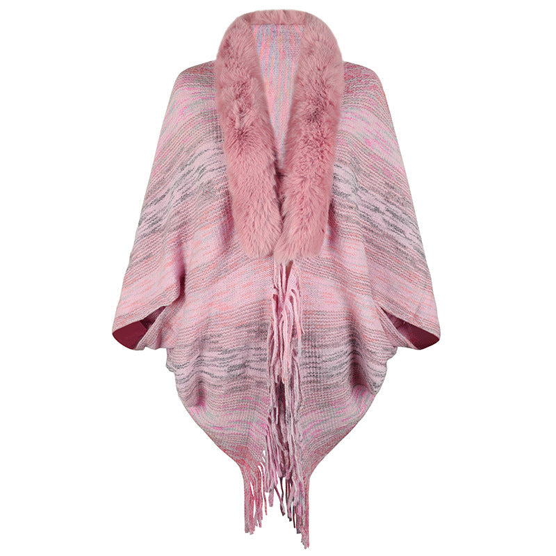 Elegant Women's Poncho with Faux Fur Collar and Fringed Hem