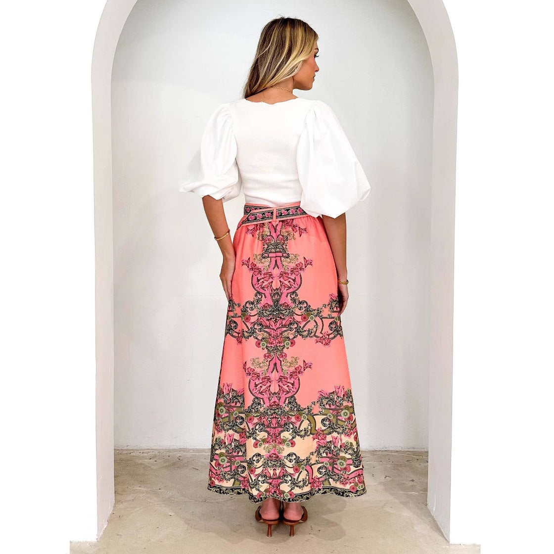 Women's Maxi Skirt with Ornate Embellishments and Elastic Waistband