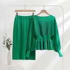 Elegant Knit Ensemble with Ruching and Balloon Sleeves