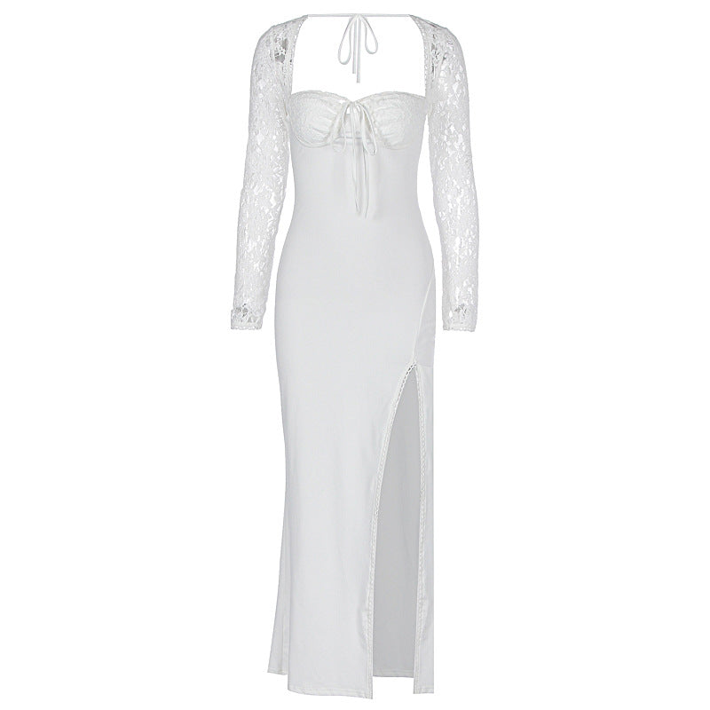 Women's Elegant Maxi Dress with Transparent Lace Surface and Side Slit