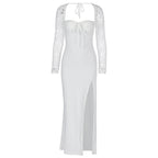 Women's Elegant Maxi Dress with Transparent Lace Surface and Side Slit