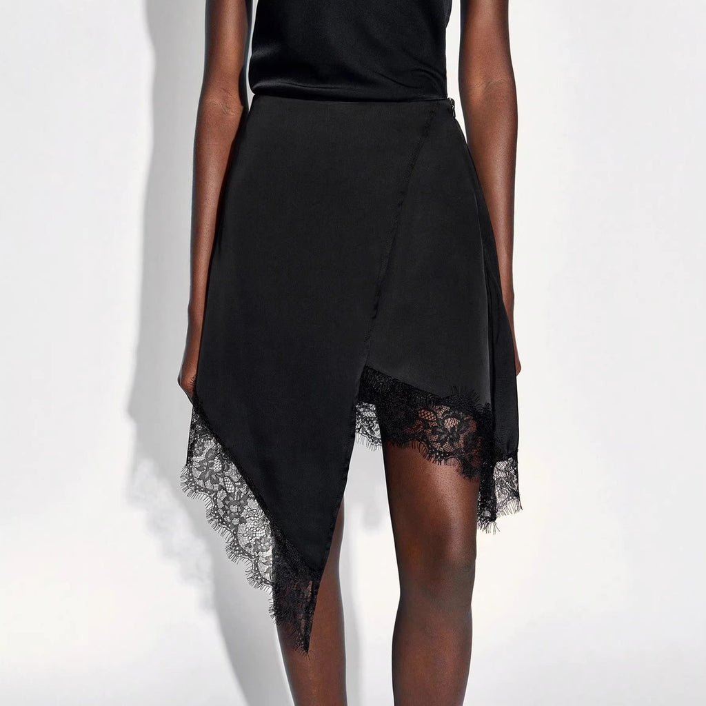 Women's Asymmetrical Wrap Skirt with Lace Trim and Satin-Like Drape