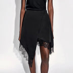 Women's Asymmetrical Wrap Skirt with Lace Trim and Satin-Like Drape