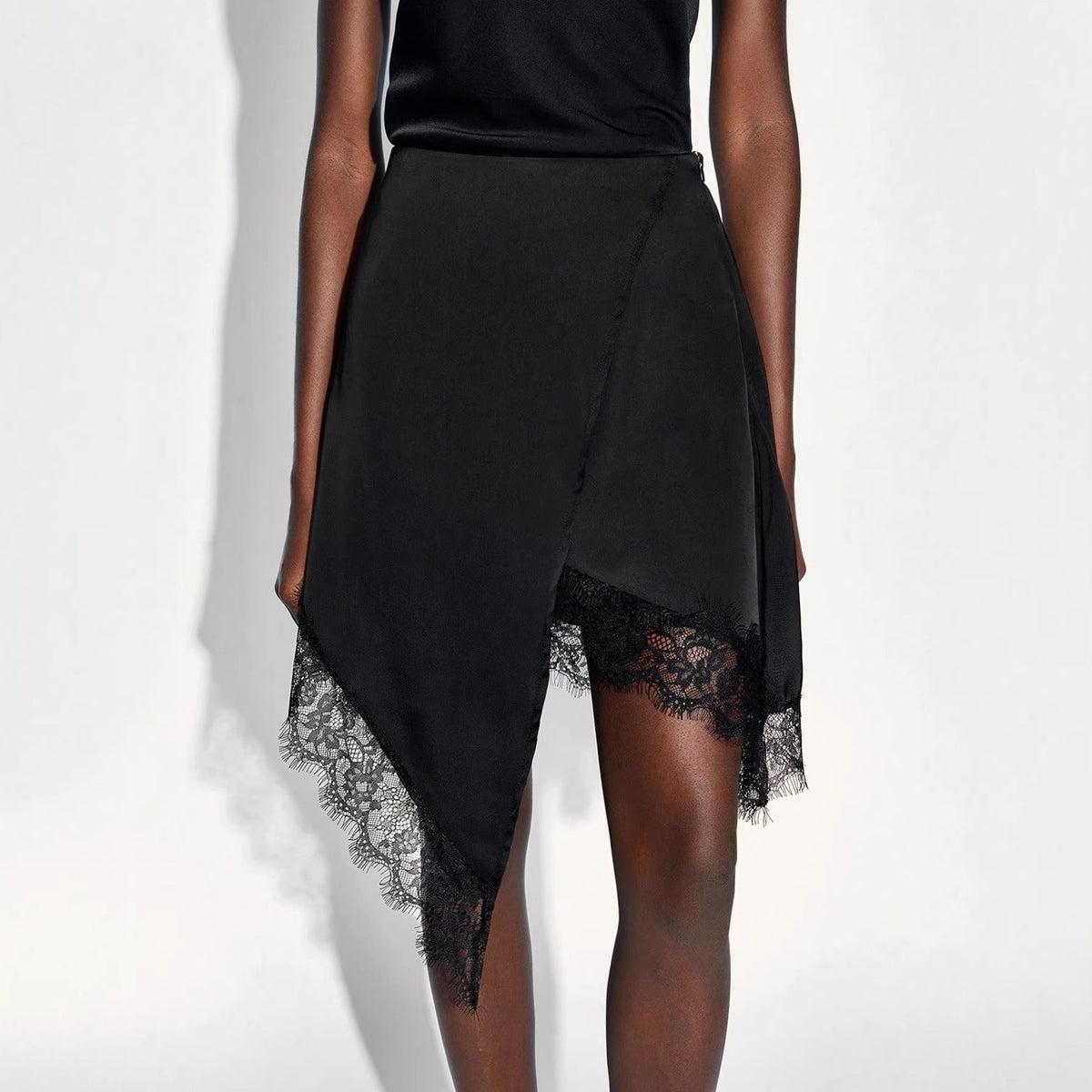 Women's Asymmetrical Wrap Skirt with Lace Trim and Satin-Like Drape