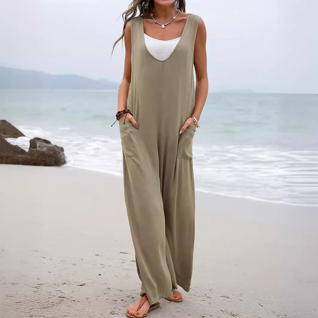 Women's Casual Wide Jumpsuit with V-Neck and Practical Pockets