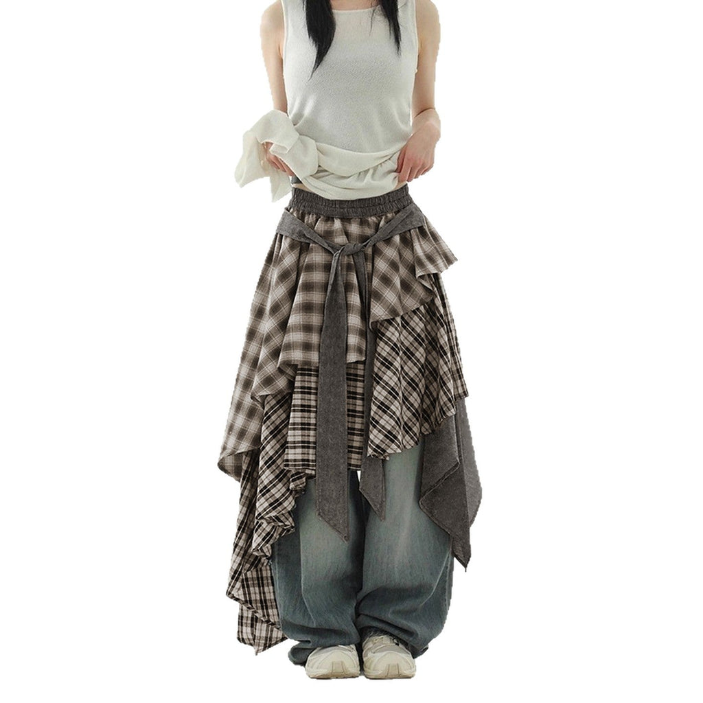 Women's Asymmetric Wrap Skirt with Plaid Pattern and Wide Tie Belt