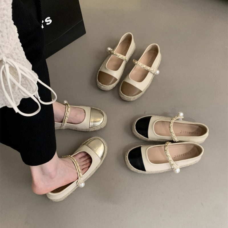 Women's Ballet Flats with Decorative Chain Strap and Pearl Accent