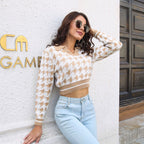 Women's Cropped Sweater with Classic Houndstooth Pattern and Polo Collar