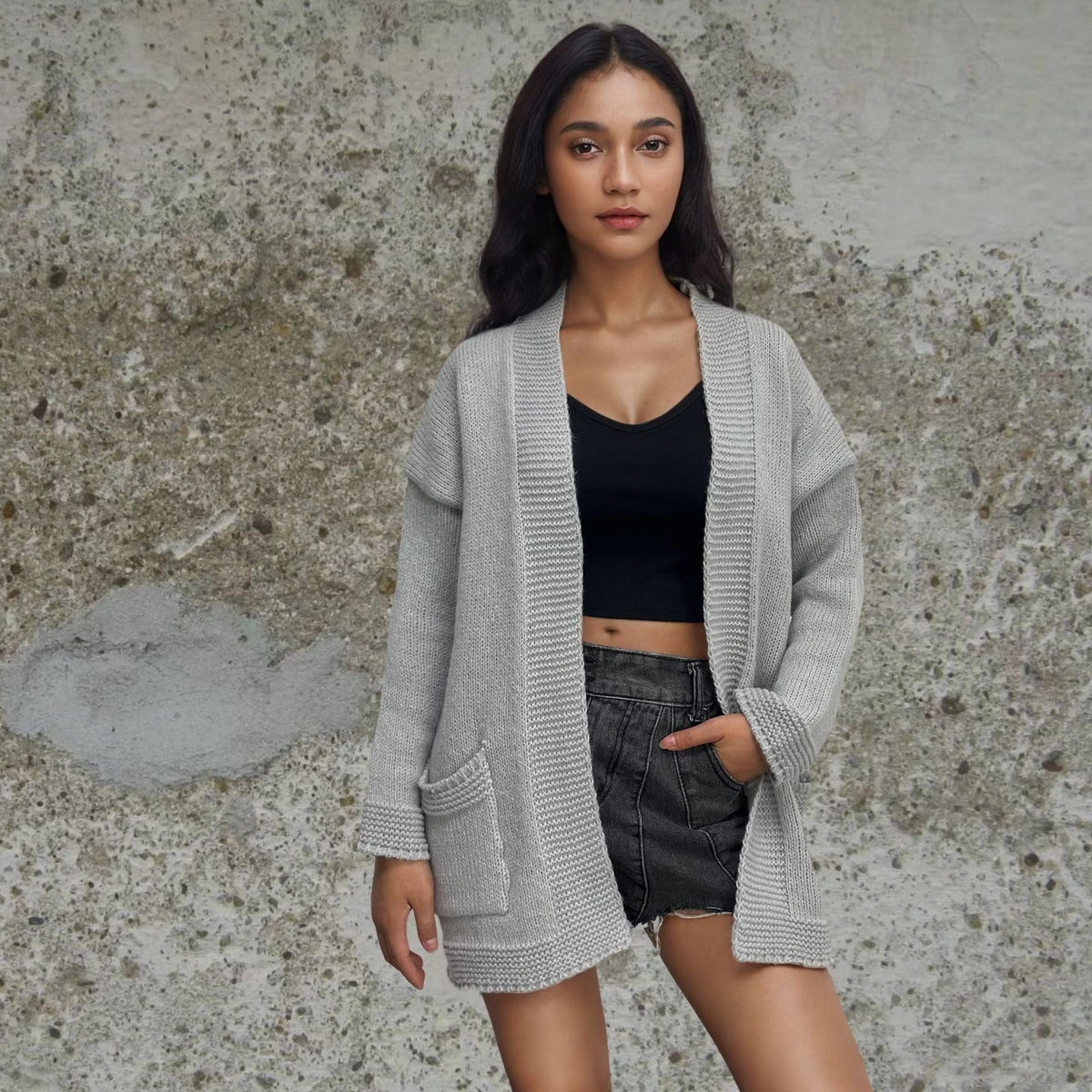 Women's Chunky Knit Cardigan with Practical Cut and Oversized Fit