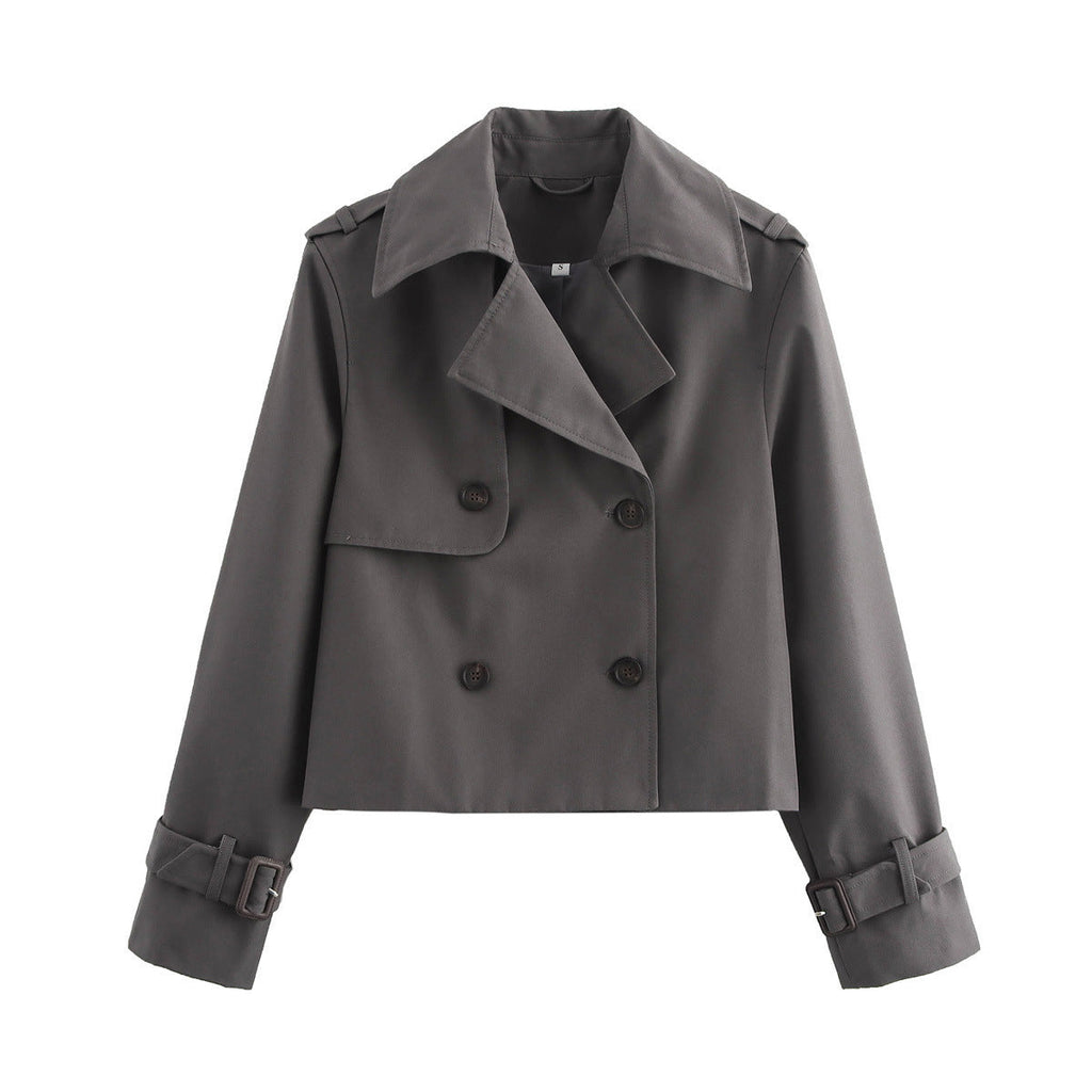 Women's Cropped Trench Jacket with Double-Breasted Button Placket and Adjustable Sleeves