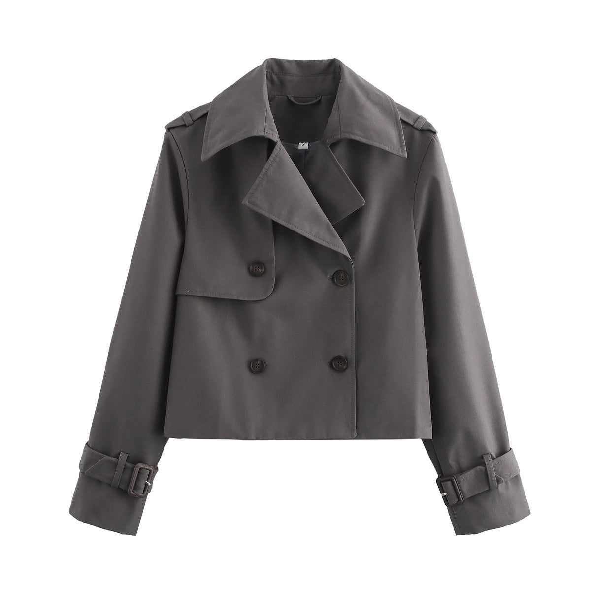 Women's Cropped Trench Jacket with Double-Breasted Button Placket and Adjustable Sleeves