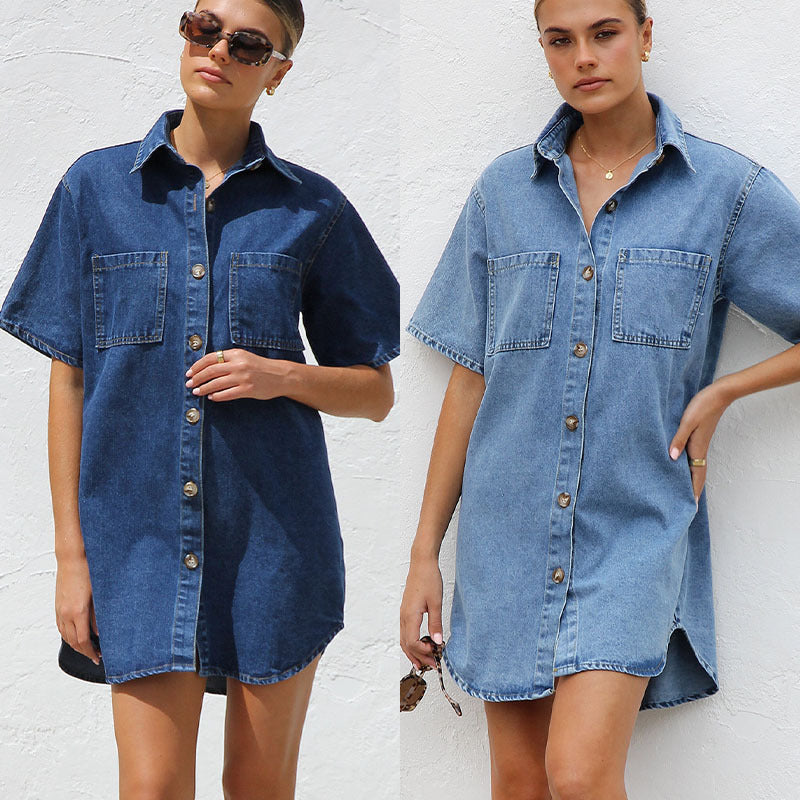 Women's Denim Shirt Dress with Short Sleeves and Pockets