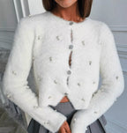 Women's Fluffy Knit Cardigan with Jeweled Buttons and Elegant Cut