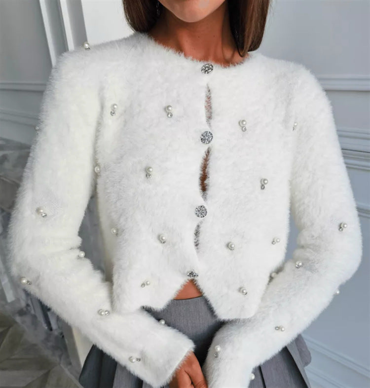 Women's Fluffy Knit Cardigan with Jeweled Buttons and Elegant Cut