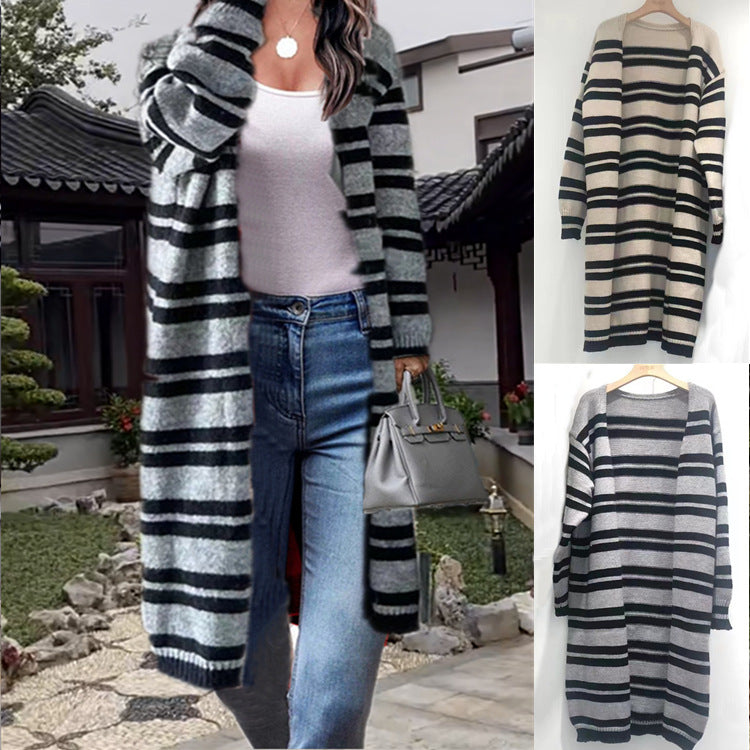 Women's Cozy Knit Coat with Casual Stripe Pattern