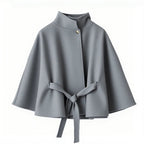 Elegant Cape Jacket with Tie Belt and High Collar