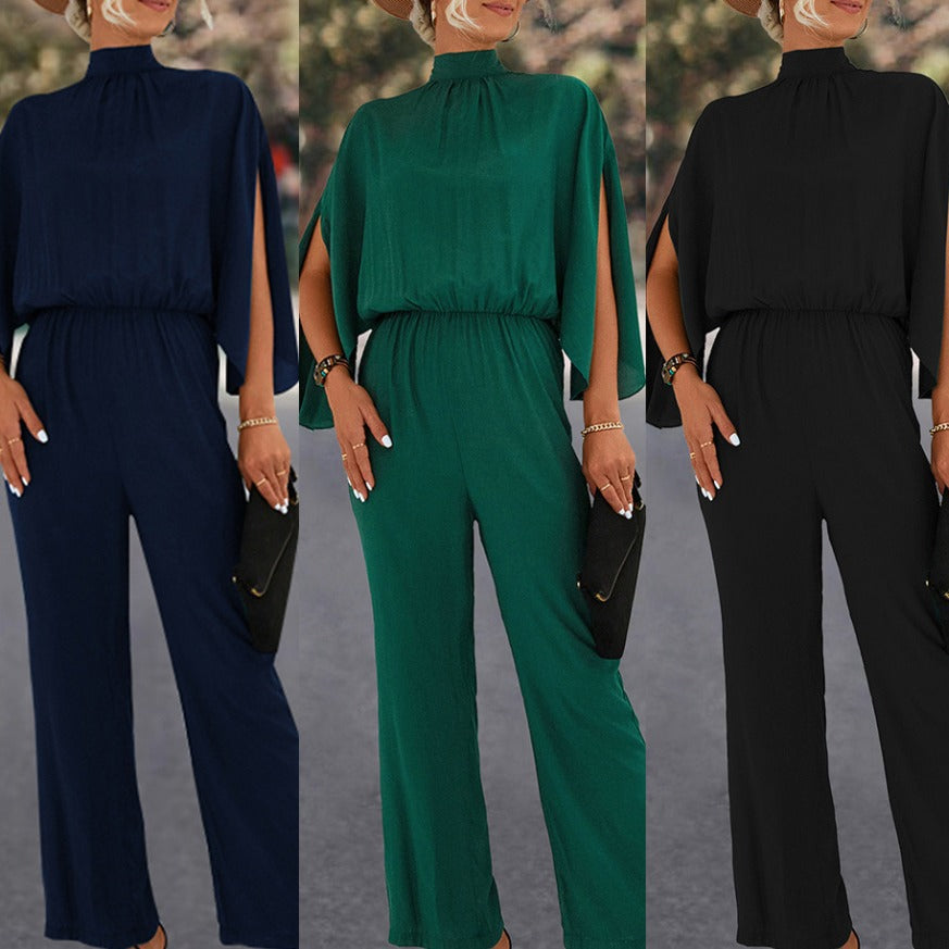 Elegant Women's Jumpsuit with Flowing Cape Design and High Neckline