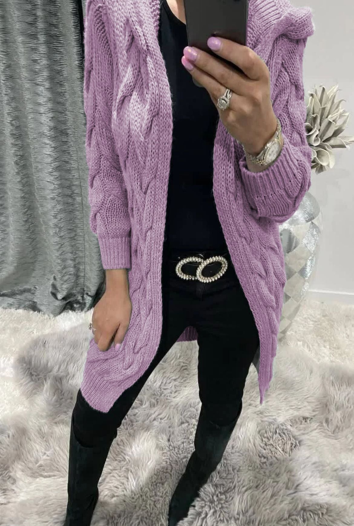 Women's Chunky Knit Cardigan with Hood and Cable Knit Pattern