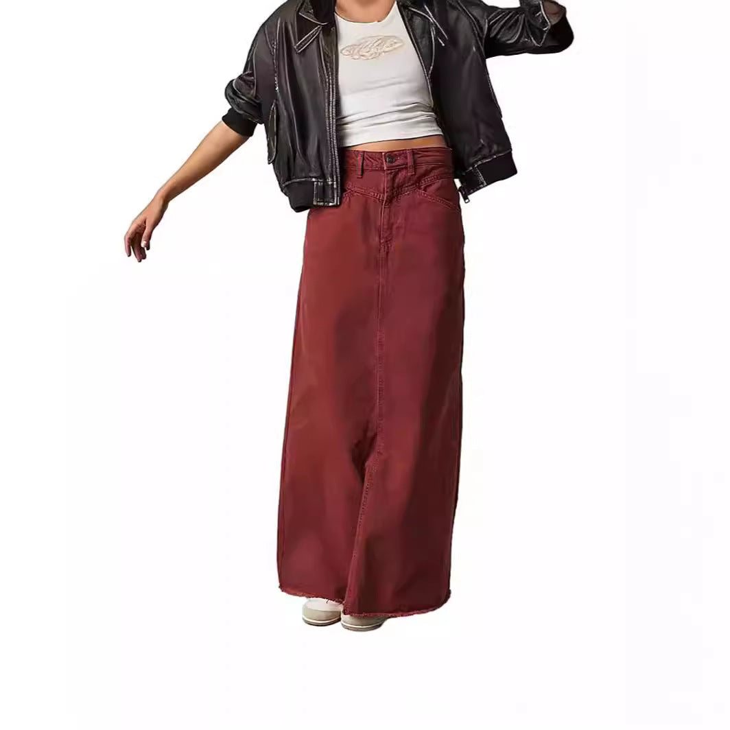 Women's Long Denim Skirt with High Waist and Pockets