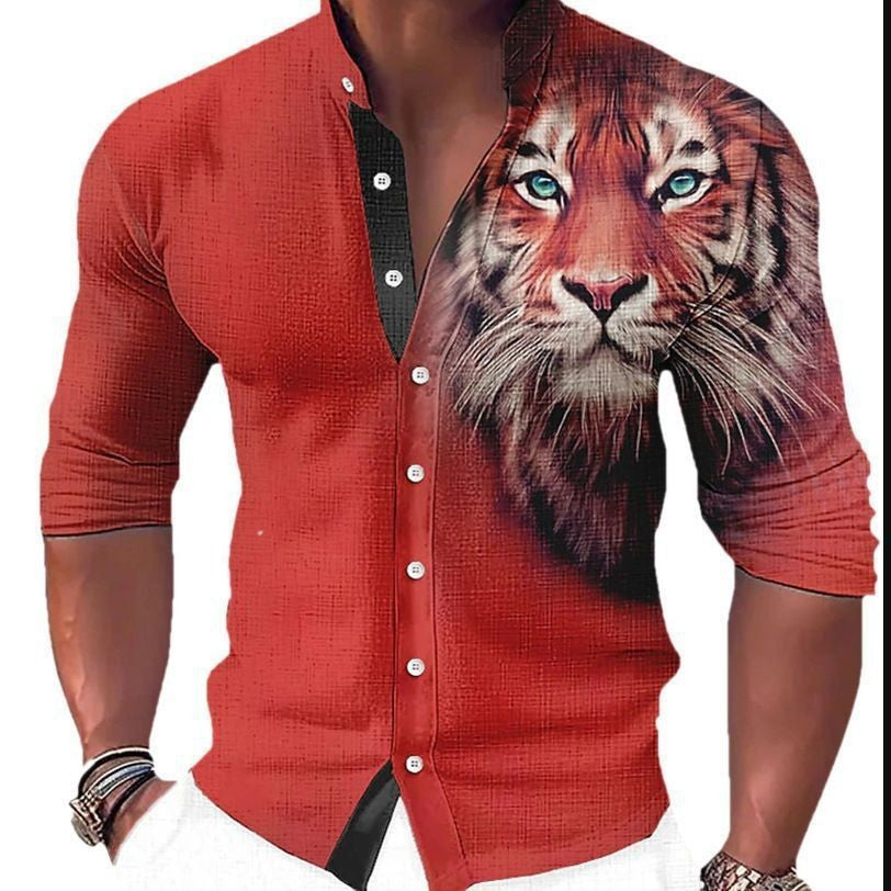 Women's Shirt with Animal Print and Stand-Up Collar